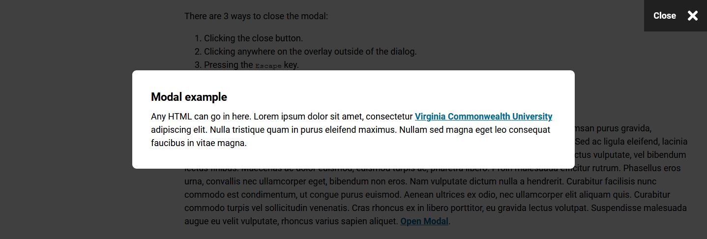 Example of the Compass modal component opened